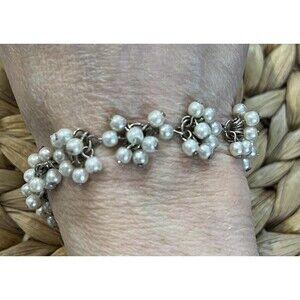 Vintage Dangle Cha Cha Bracelet Faux Pearl Cluster Silver Tone Coquette